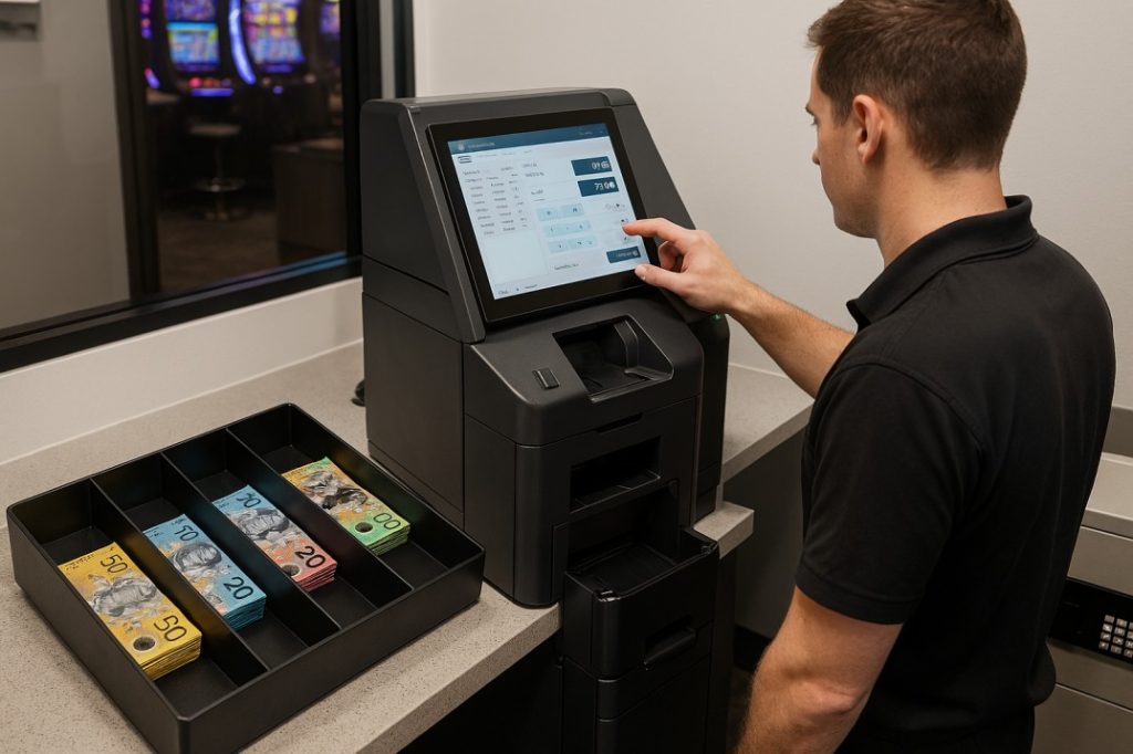 Club staff using a cash recycler machine to dispense float and process TITO gaming tickets