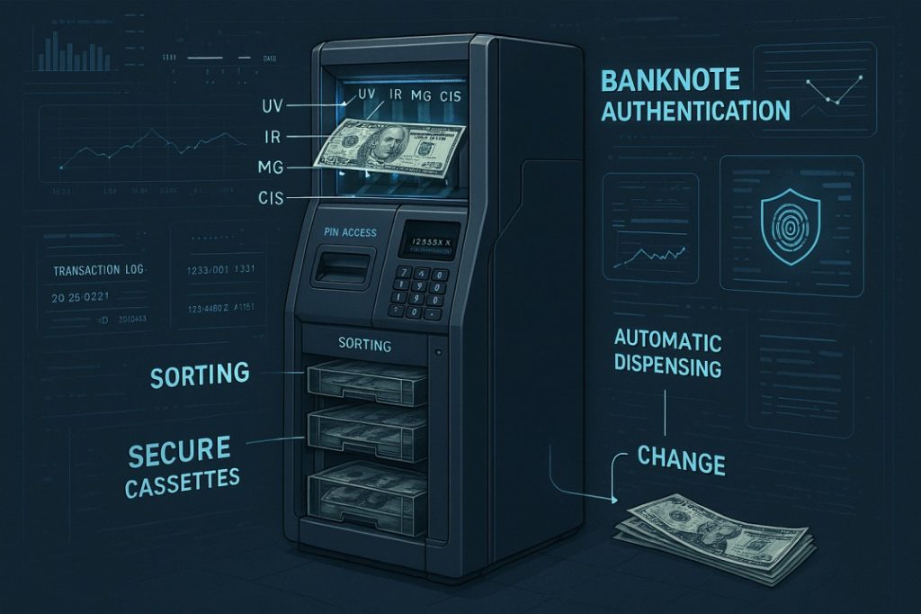Diagram showing how a notes recycler machine authenticates, sorts, stores, and dispenses banknotes
