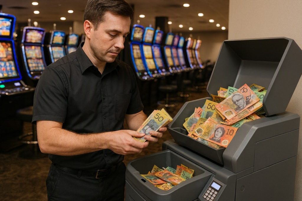 Gaming floor attendant depositing Australian banknotes into a cash recycler machine during EGM collection