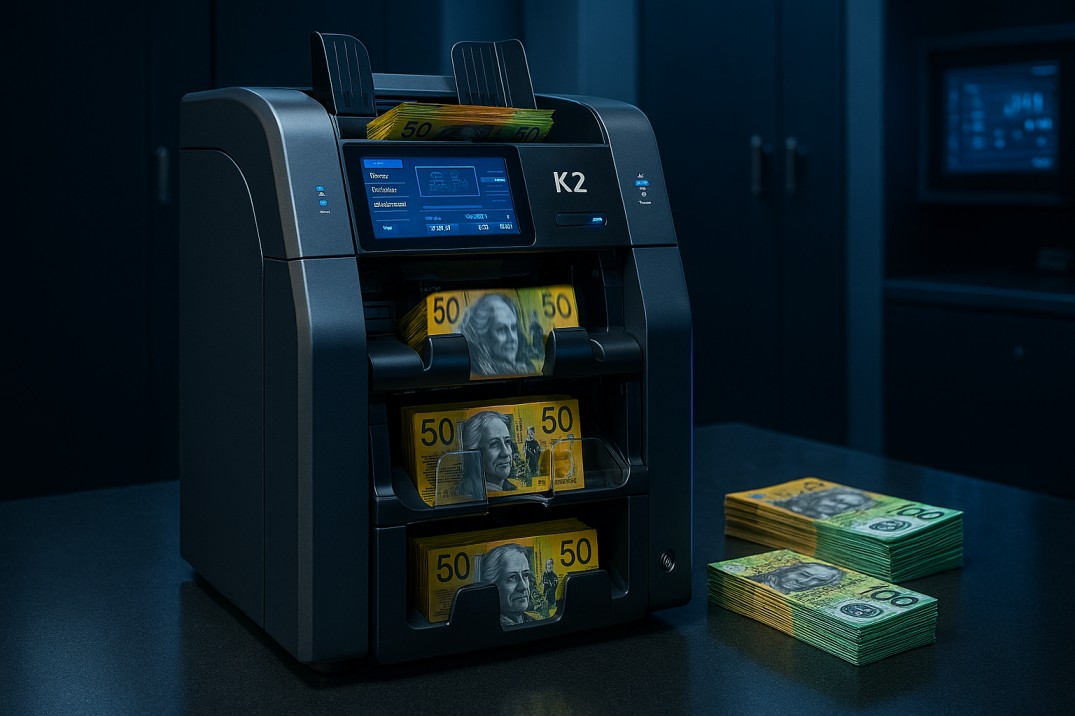 K2 Cash Recycler Sorter Machine processing Australian polymer banknotes in a professional retail and gaming environment