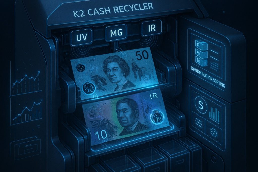 K2 Cash Recycler machine using UV, MG, IR, and CIS detection to authenticate Australian banknotes