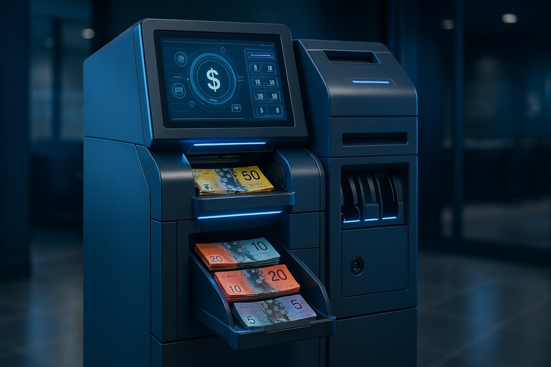 Notes recycler machine processing Australian polymer banknotes in a commercial business environment