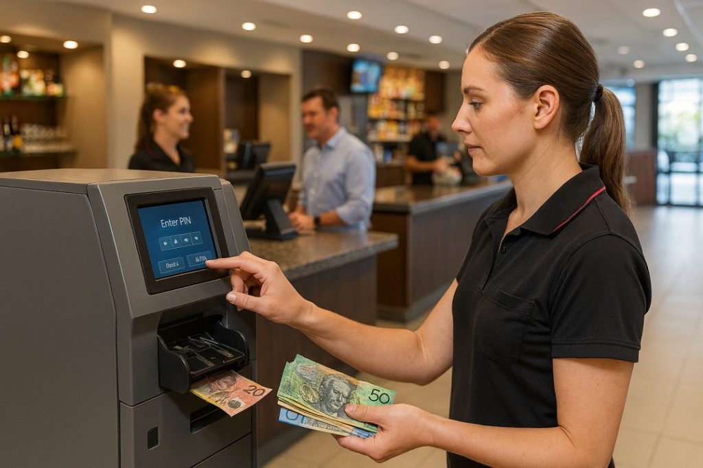 Staff using a notes recycler machine in an Australian retail and gaming venue