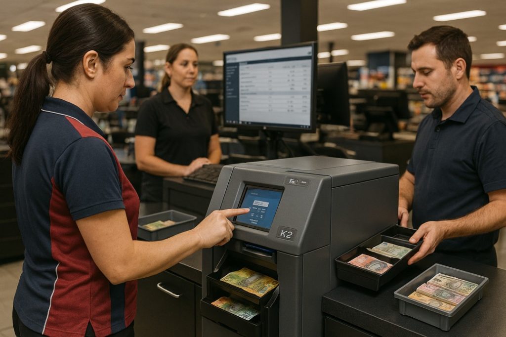 Staff using the K2 Cash Recycler machine for automated float management in an Australian gaming venue