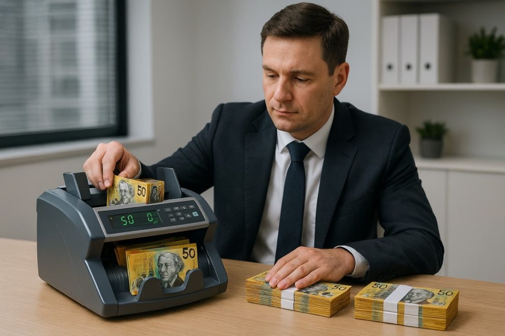 professional money counting machine to count stacks of Australian banknotes