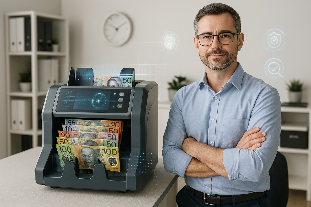 Australian business owner using a professional money counting machine with counterfeit detection technology to count Australian polymer banknotes.