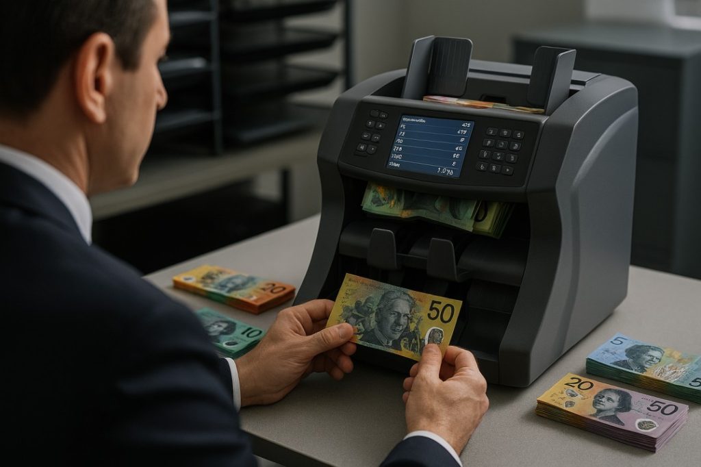 Business owner using a notes counting machine with fake note detection to verify Australian banknotes and separate suspect notes