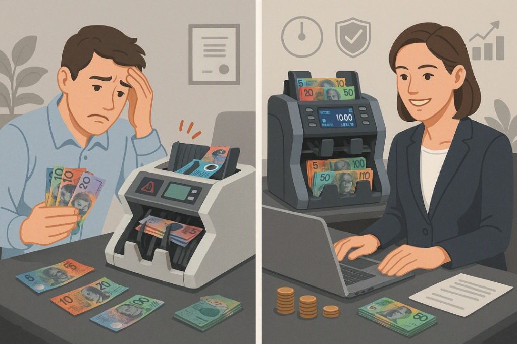 Comparison between consumer-grade and professional money counting machines highlighting lifespan, counterfeit protection, and long-term value