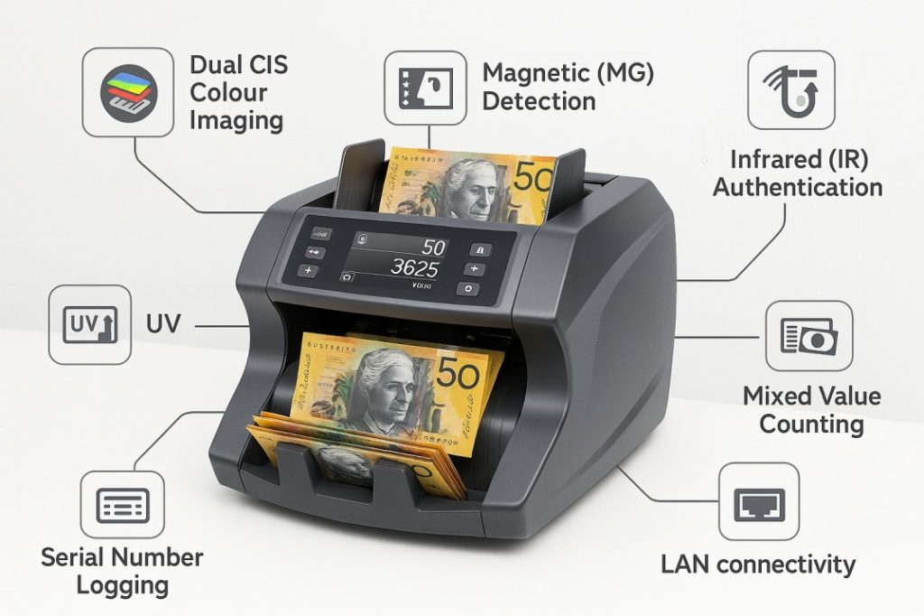 Illustration showing the key features of a professional Australian money counting machine, including UV, MG, IR, and Dual CIS counterfeit detection.
