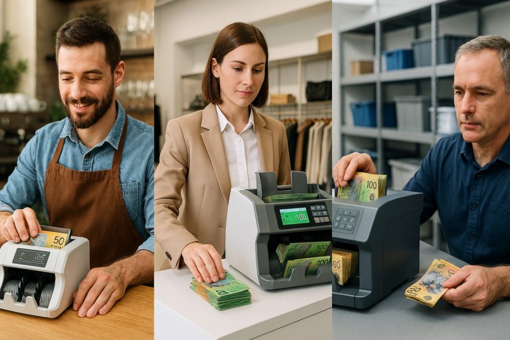 Different Australian businesses using money counting machines suited to their cash handling needs, from small retail stores to high-volume operations.