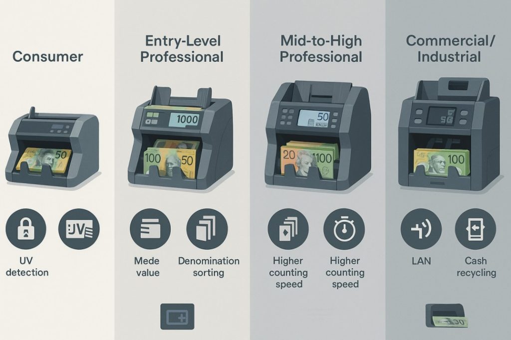 Illustration comparing the four money counting machine price tiers in Australia, from consumer-grade to commercial systems