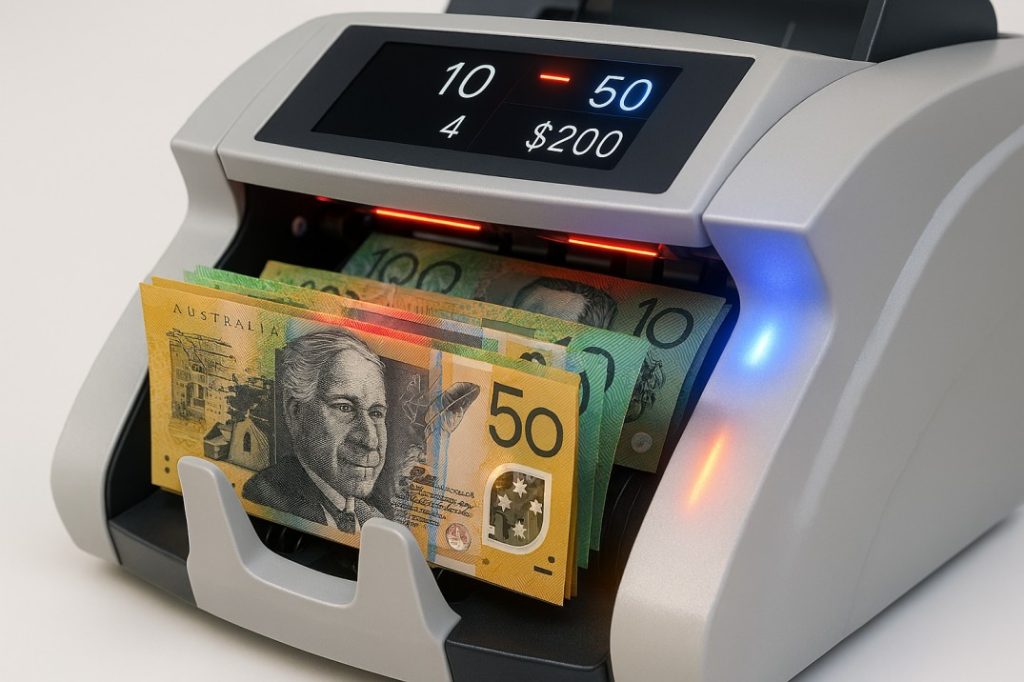 Notes counting machine authenticating Australian banknotes using UV, infrared, magnetic and CIS detection