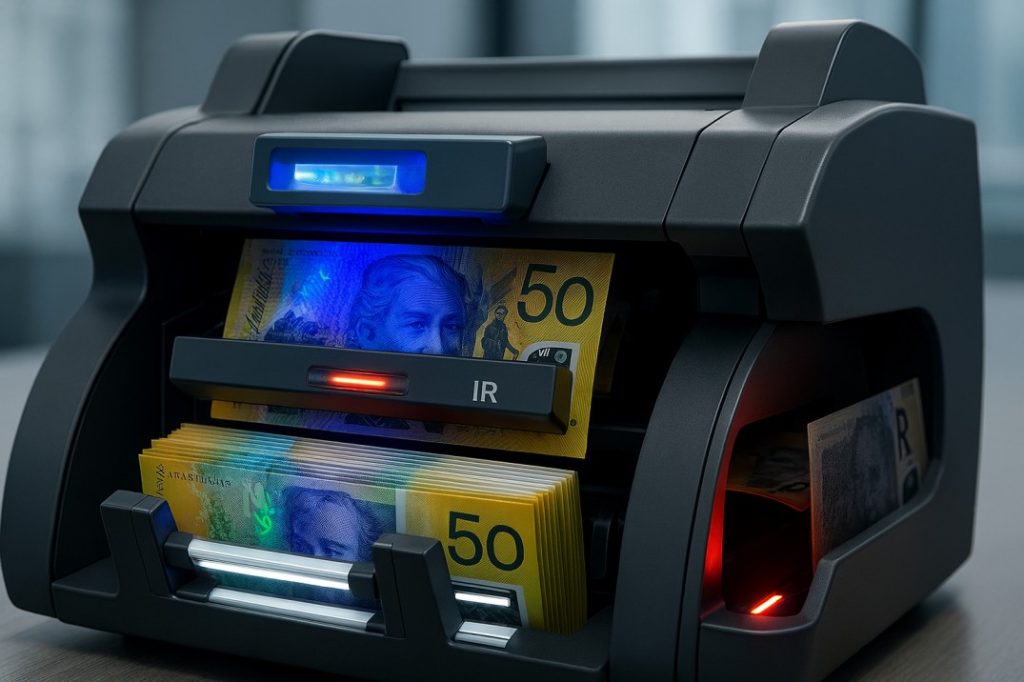 Notes counting machine scanning Australian banknotes with advanced multi-layer counterfeit detection and reject sorting