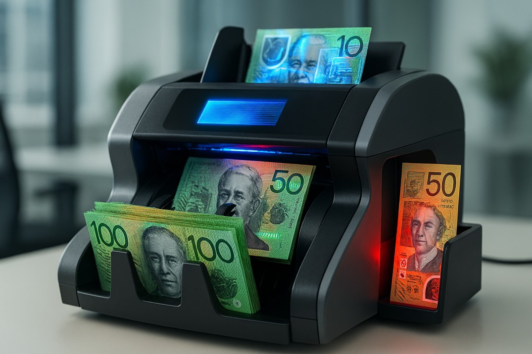 Notes counting machine with advanced counterfeit detection scanning Australian polymer banknotes in a business environment