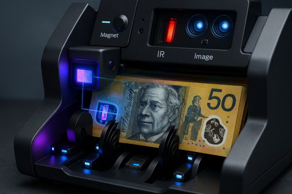 Professional note counting machine using UV, magnetic, infrared and dual CIS technology to detect counterfeit Australian banknotes