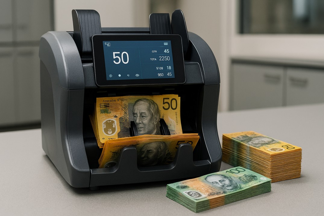 Professional notes counting machine processing Australian polymer banknotes in a retail cash office