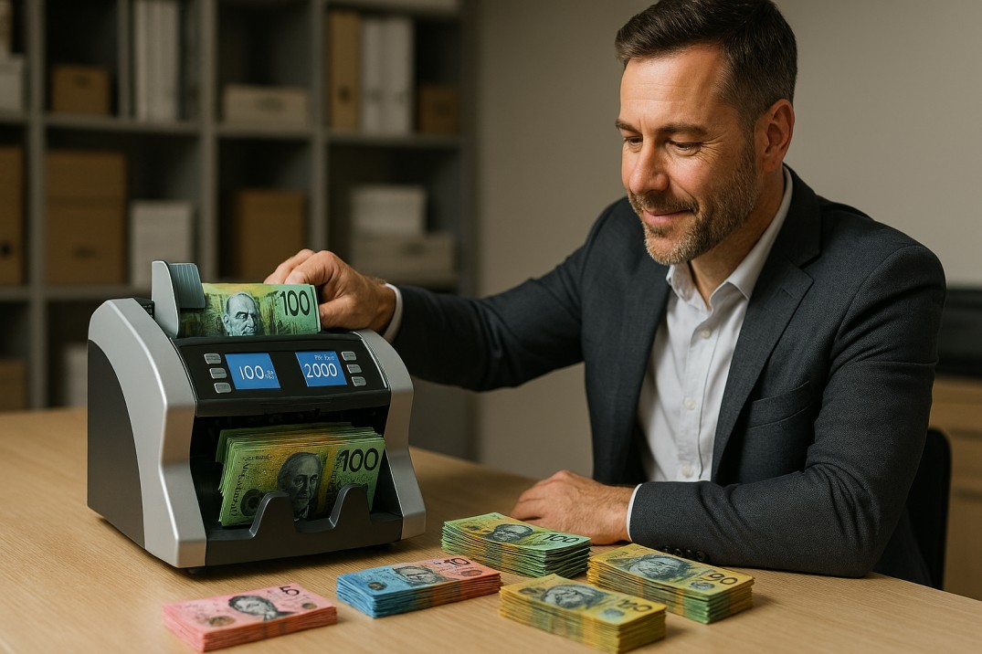 Professional small business owner using a notes counting machine to count Australian banknotes in a modern retail back office
