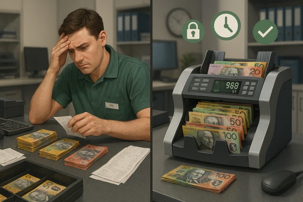 Retail staff saving time with automated money counting and counterfeit detection during end-of-day cash reconciliation.