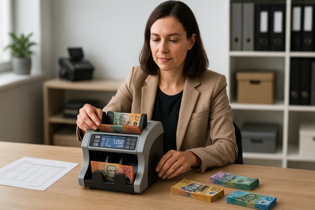 Retail staff using a notes counting machine for end-of-day cash reconciliation with Australian currency in a small business office