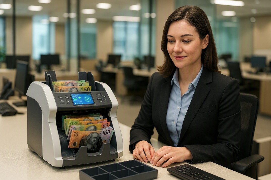 Bank staff using a professional Cashcom notes counting machine for secure cash handling and counterfeit detection in an Australian bank branch.