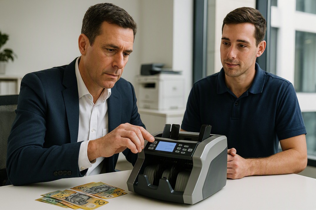Business owner inspecting a commercial cash counting machine before professional repair in Australia.