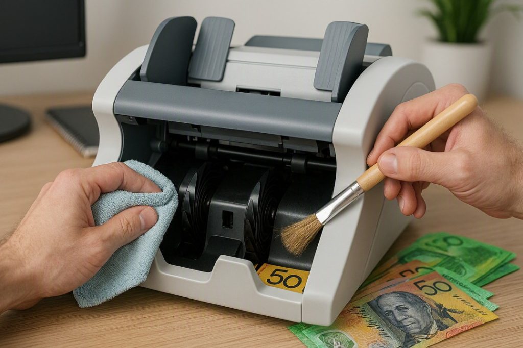 Cleaning and clearing a note jam in a commercial cash counting machine.