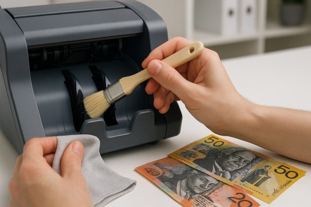 Cleaning the sensors and transport path of a commercial cash counting machine.