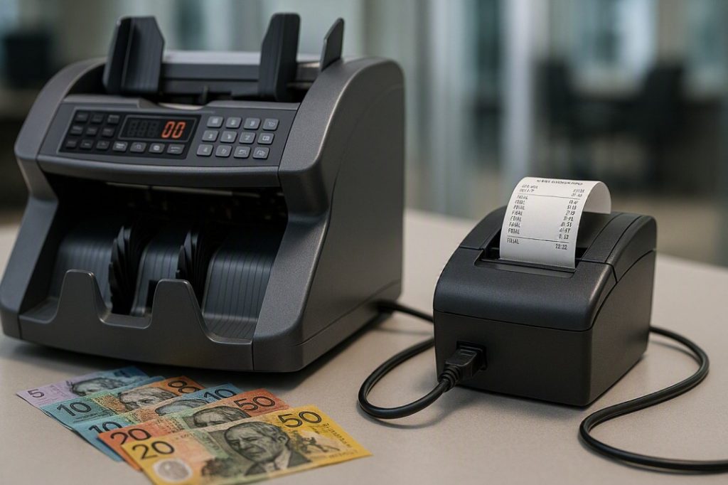 Commercial money counter connected to a thermal receipt printer for cash audit records and reconciliation.