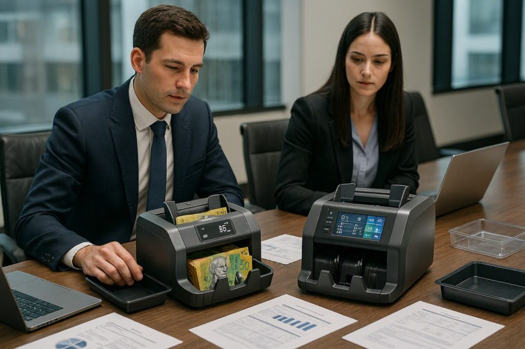 Financial institution employee comparing commercial cash counting machines for bank branch cash handling and audit compliance.