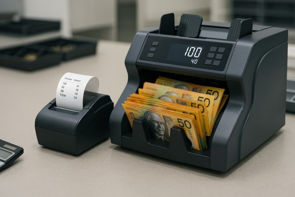 Money counter machine with external receipt printer printing cash count records for Australian businesses.