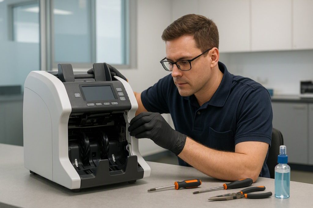 Professional servicing and inspection of a commercial cash counting machine in Australia.