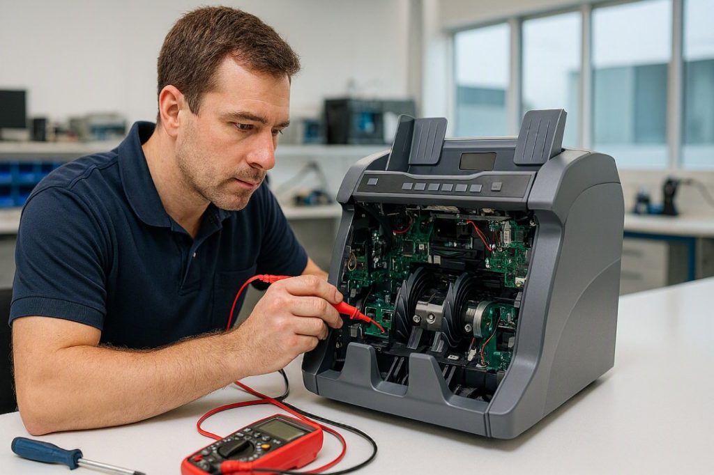 Professional technician repairing and calibrating a commercial cash counting machine in Australia.