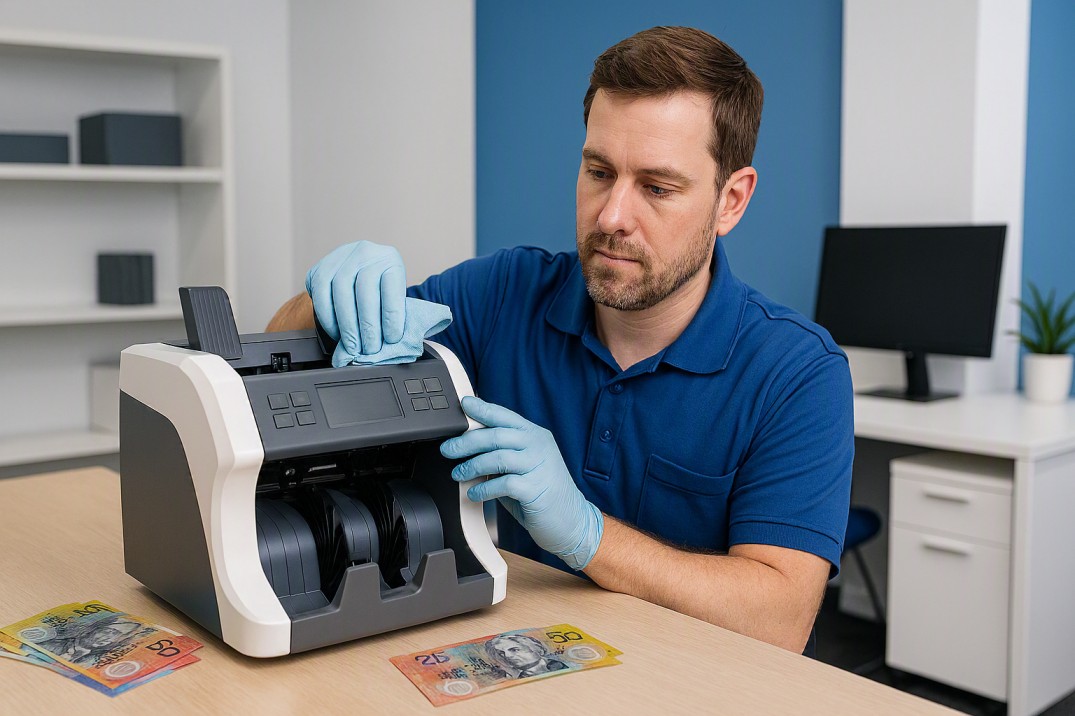 Technician cleaning a Cashcom cash counting machine during routine maintenance in Australia.
