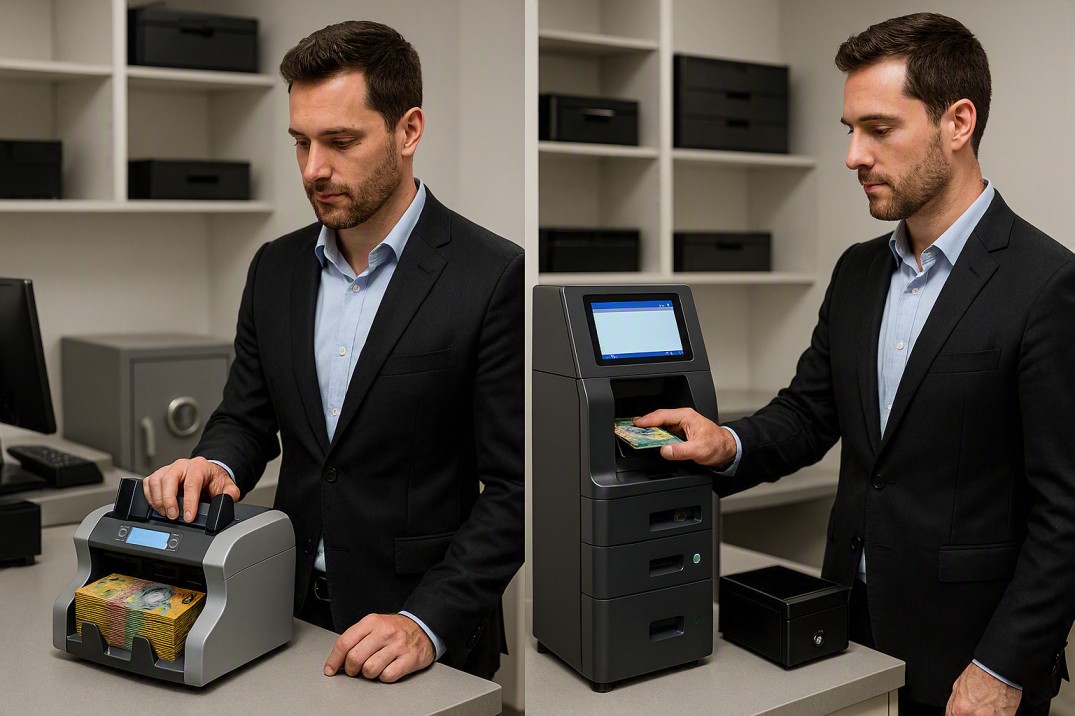 Cash counter and cash recycler machine comparison showing Australian banknote counting, authentication, and automated cash dispensing.