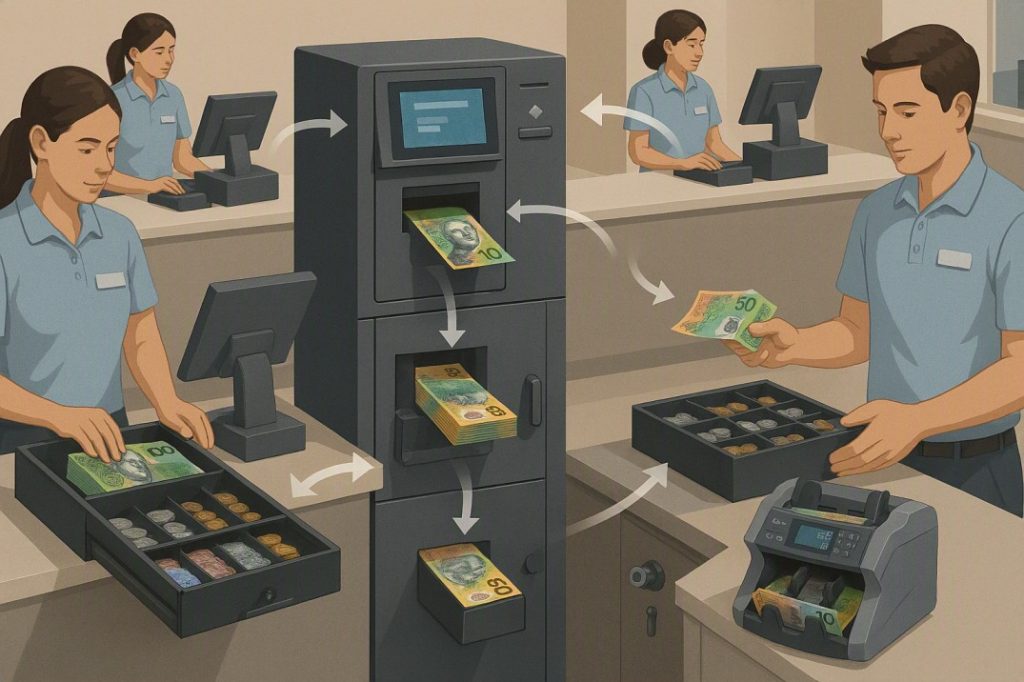 Cash recycler and cash counter managing Australian banknotes for counting, secure storage, float dispensing, and reconciliation.