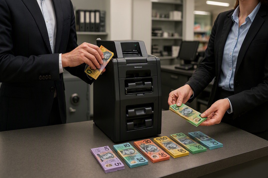 Cash recycler machine for retail preparing automated cash floats with Australian polymer banknotes in a secure back-office environment.