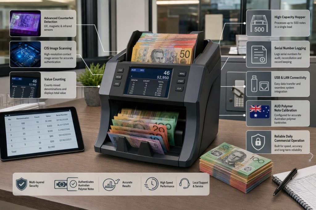 Cashcom H110 commercial cash counter counting mixed Australian banknotes for daily till reconciliation