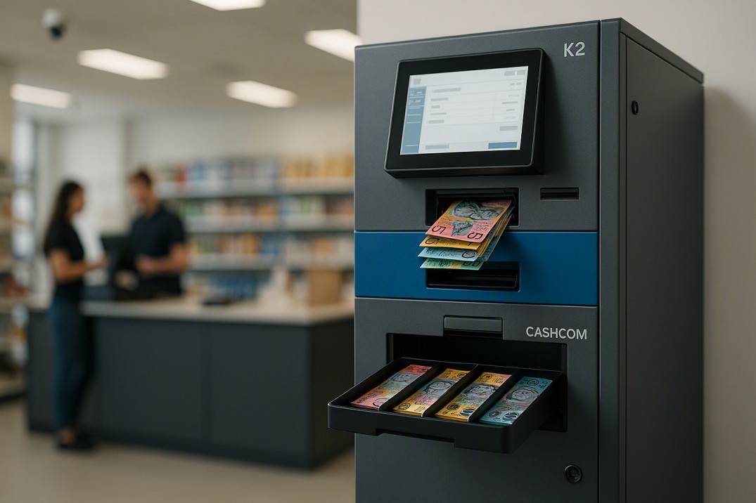 Cashcom K2 cash recycler machine accepting and dispensing Australian banknotes in a retail back office to automate cash handling.
