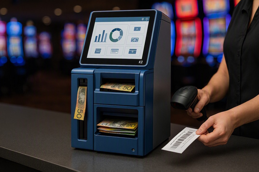 Cashcom K2 notes recycler processing Australian banknotes and TITO voucher redemption at a licensed gaming venue.