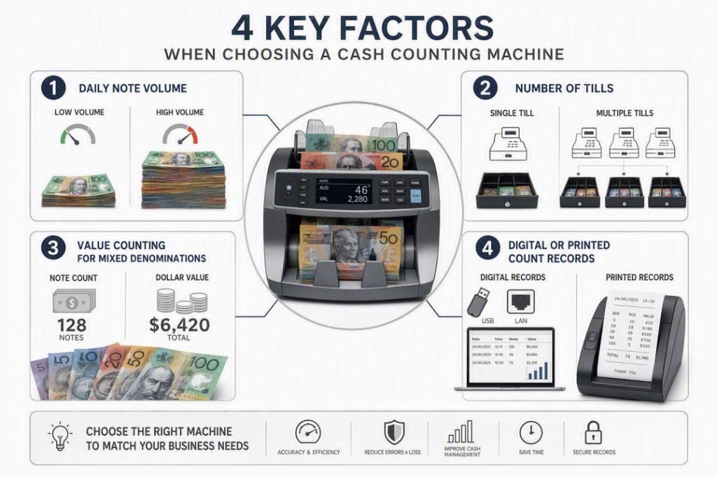 Choosing a commercial cash counting machine based on business cash volume and number of tills