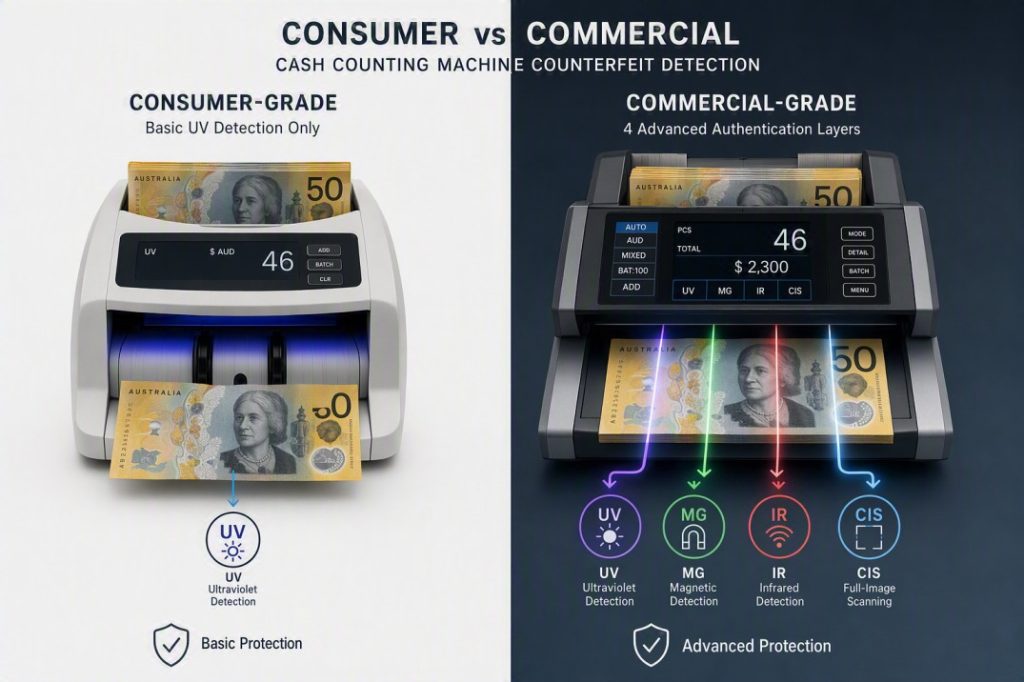 Commercial cash counter showing UV MG IR and CIS counterfeit detection for Australian banknotes