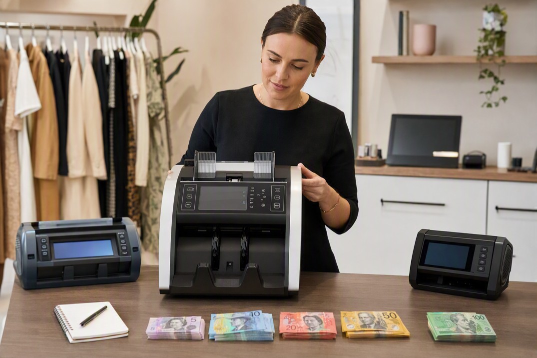 Commercial cash counting machine counting Australian banknotes for a small business