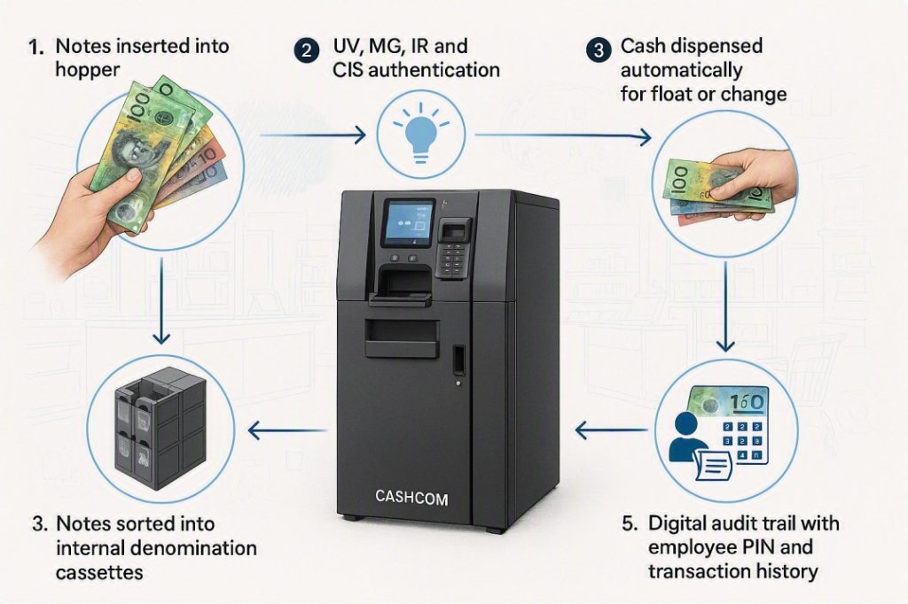Comparison of a cash counter and a cash recycler showing the difference between counting notes and storing then dispensing cash automatically.