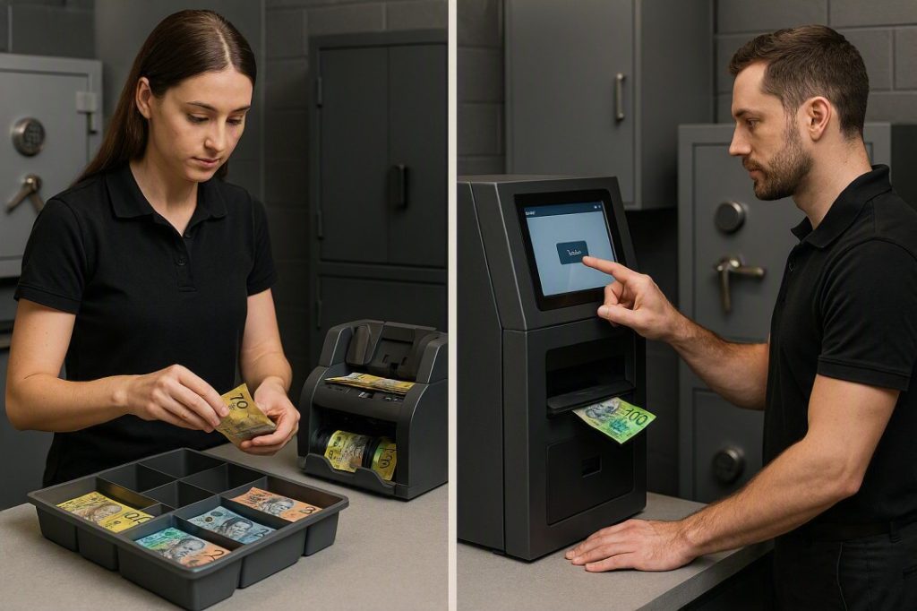 Comparison of manual cash handling with a cash counter versus automated float management using a cash recycler.