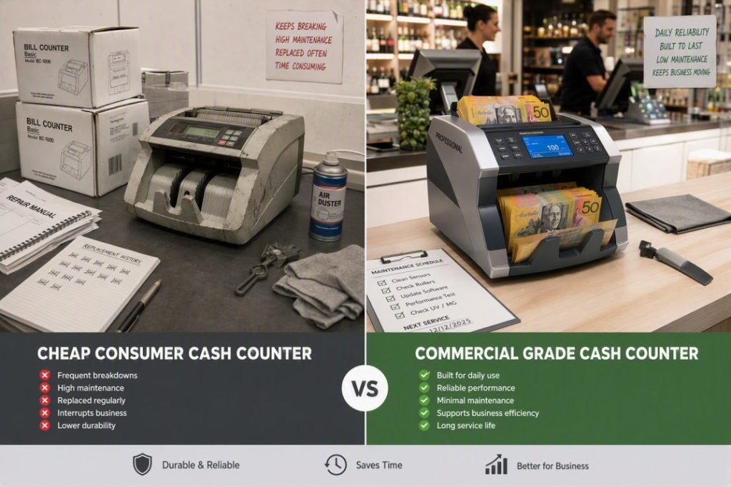 Consumer and commercial cash counting machines compared for durability and long-term business use