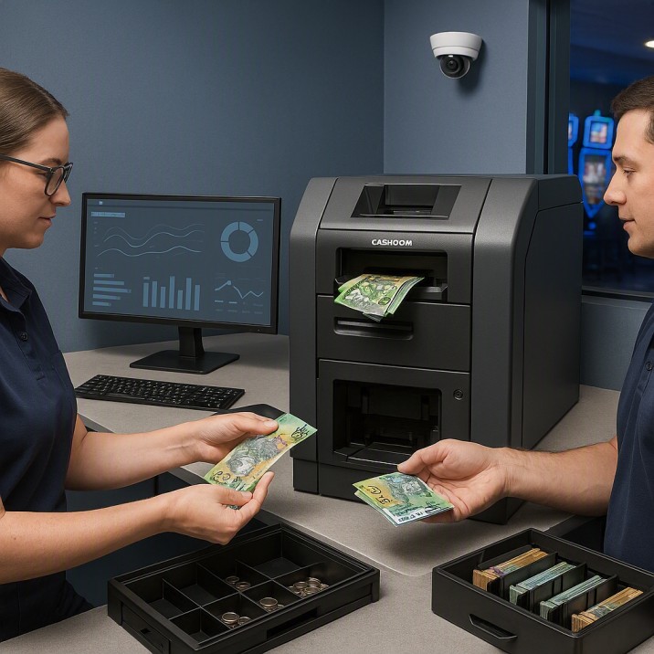 Gaming venue cashier using a Cashcom K2 notes recycler for secure cash handling, audit tracking and counterfeit detection.