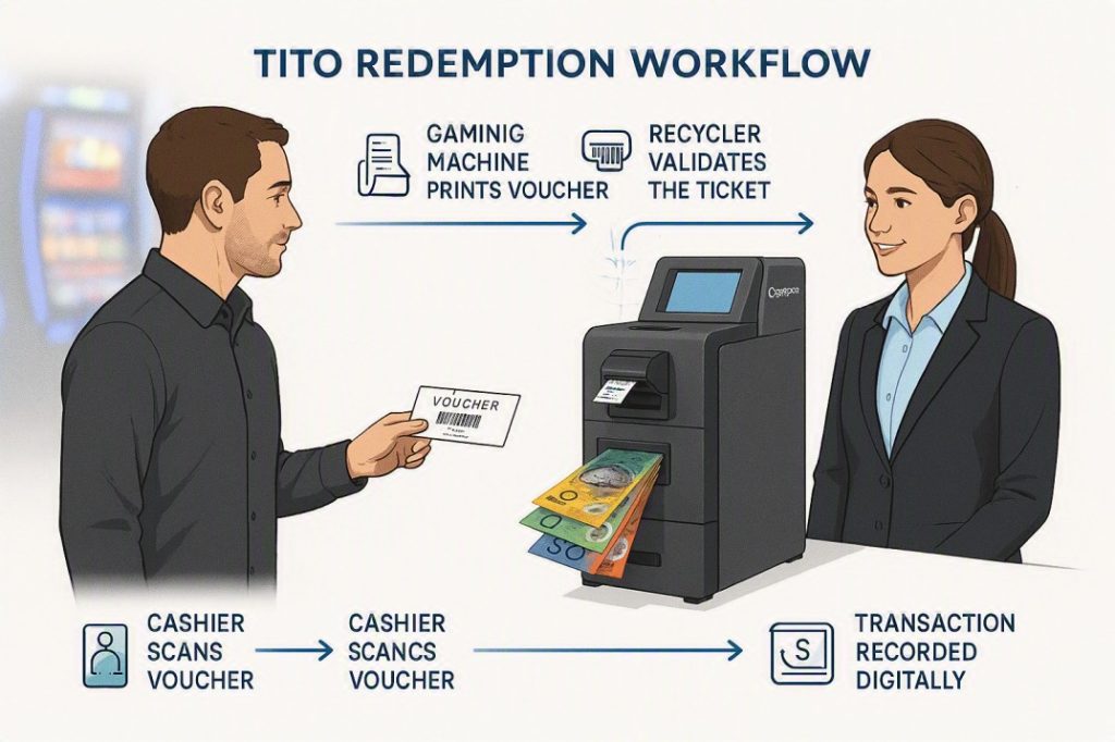 Illustration showing how a Cashcom K2 notes recycler processes TITO voucher redemption and dispenses Australian banknotes automatically.