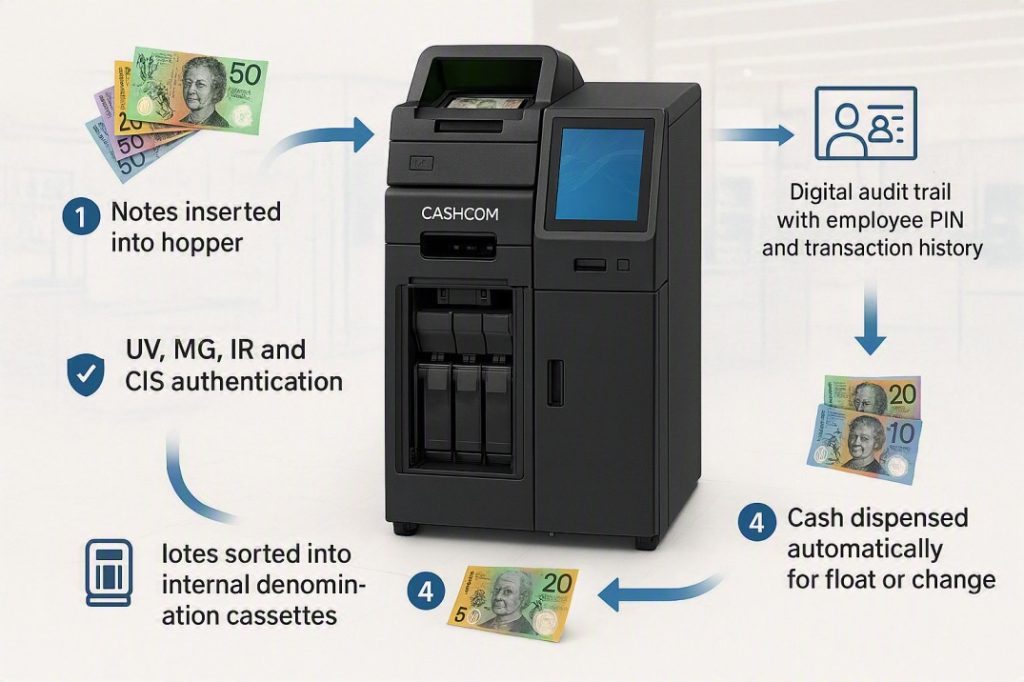 Workflow showing how a cash recycler authenticates, stores and dispenses Australian banknotes while creating a digital audit trail.