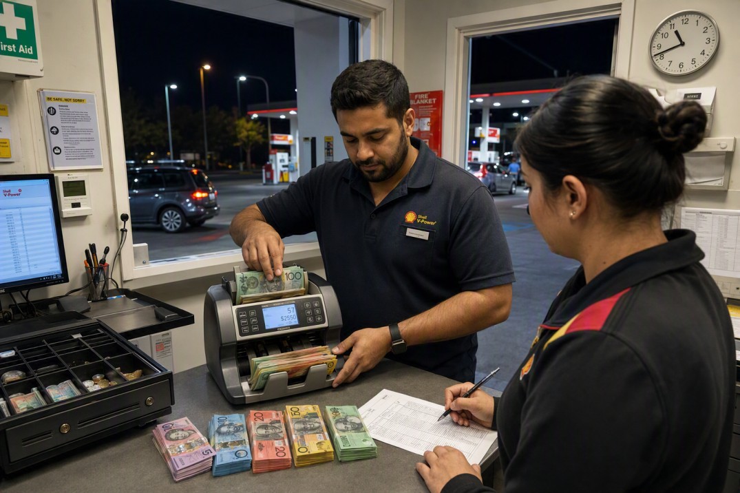 Petrol station cash shift handover